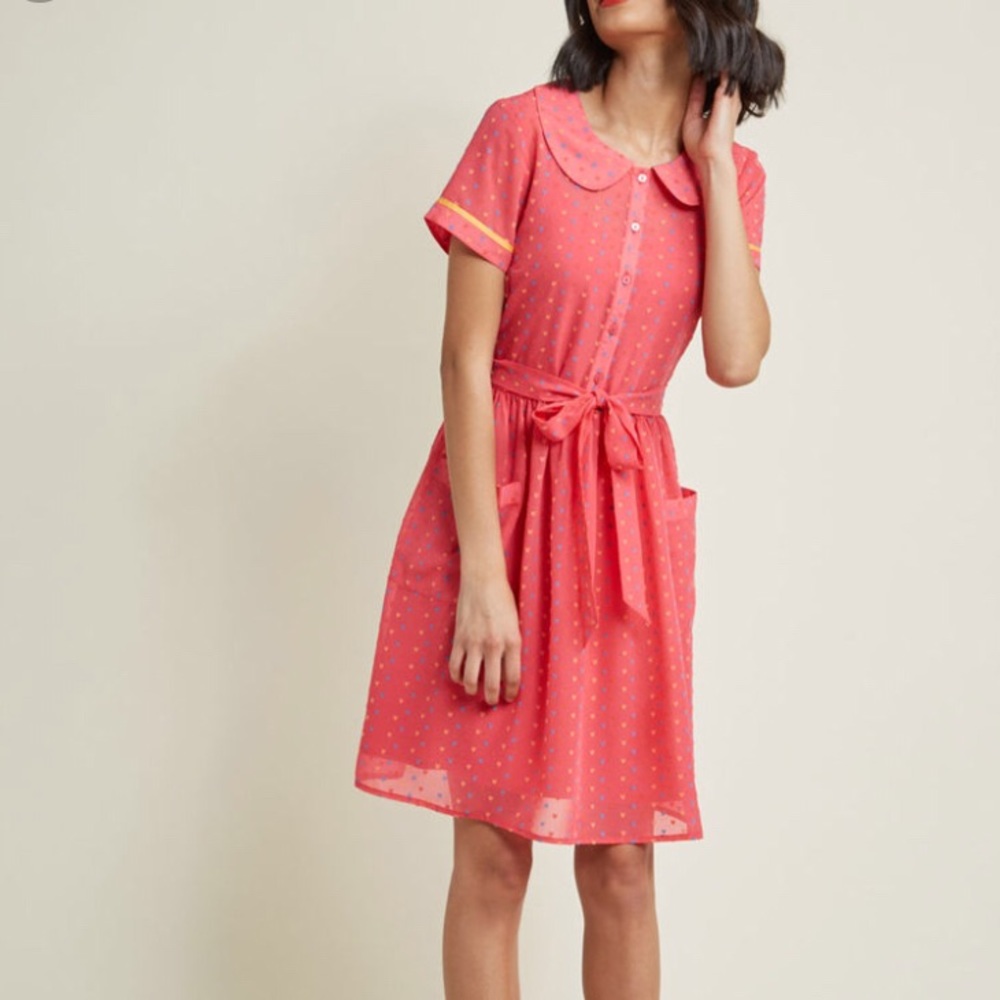 Modcloth Coral Pink Polka Dot Midi Dress with Yellow Trim